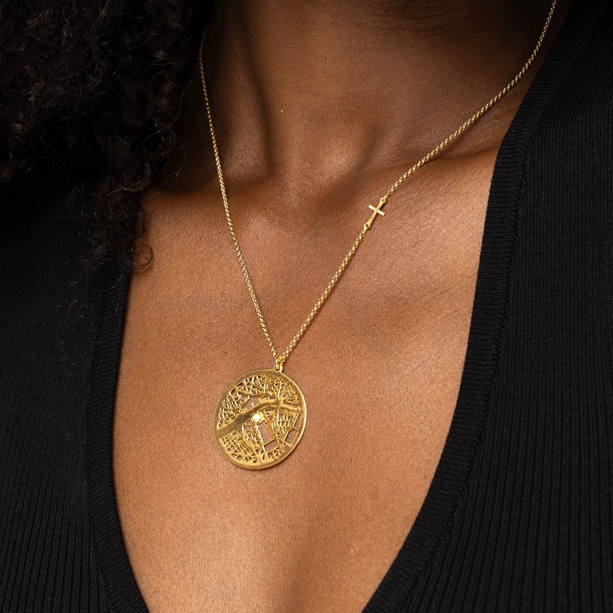 Precious Spot Map Necklace with Sideways Cross [18K Gold Vermeil]