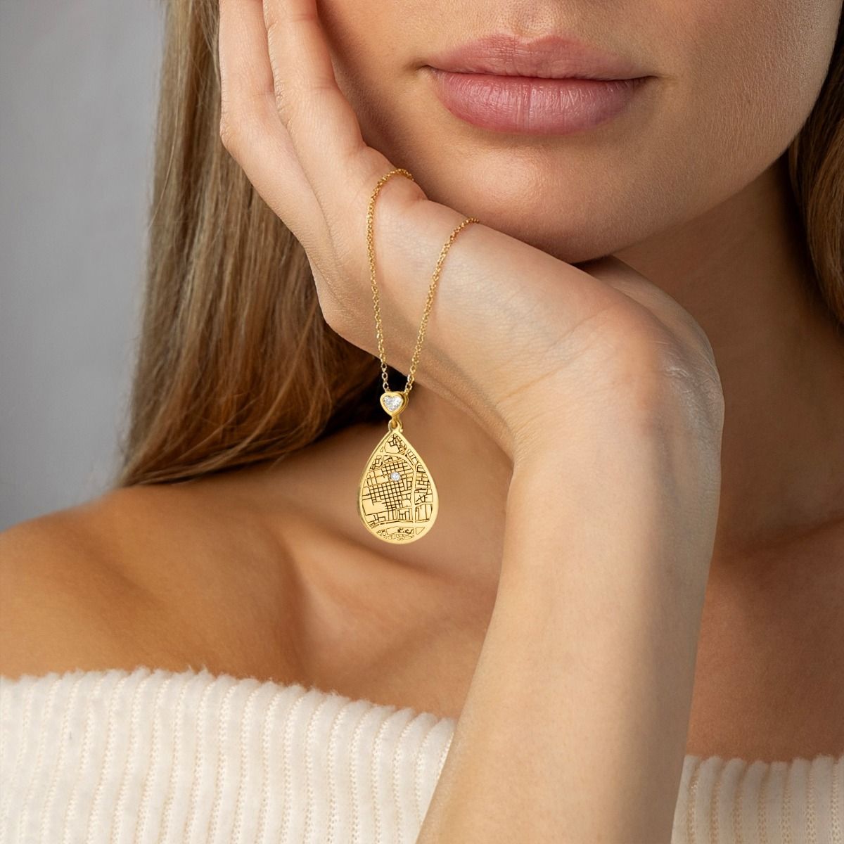 Cherished Spot Engraved Map Necklace with Heart Diamond [18K Gold Plated]