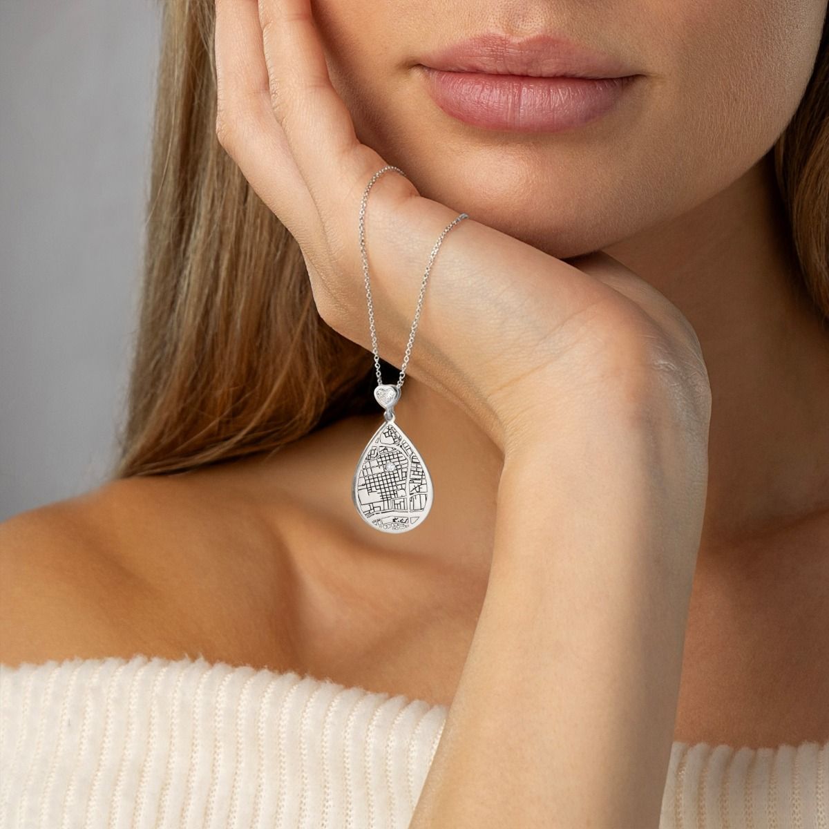 Cherished Spot Engraved Map Necklace with Heart Diamond [Sterling Silver]