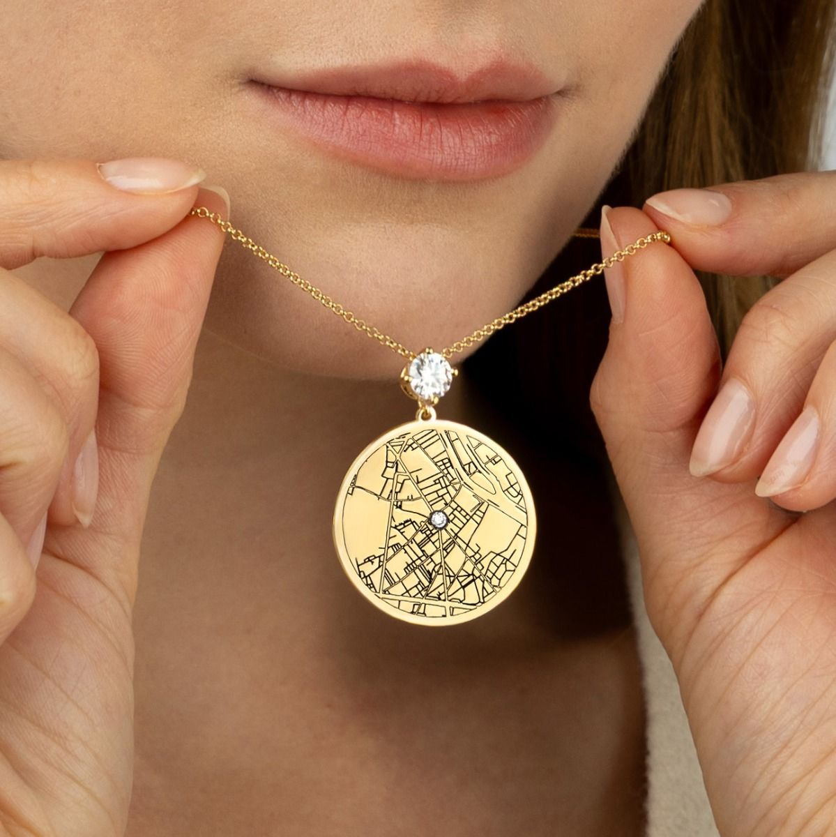 Precious Spot Engraved Map Necklace With 1 Ct Diamond [18K Gold Plated]