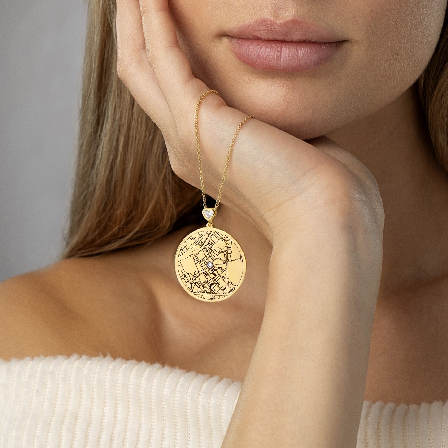 Talisa Map Engraved Necklace with Heart Diamond [18K Gold Plated]