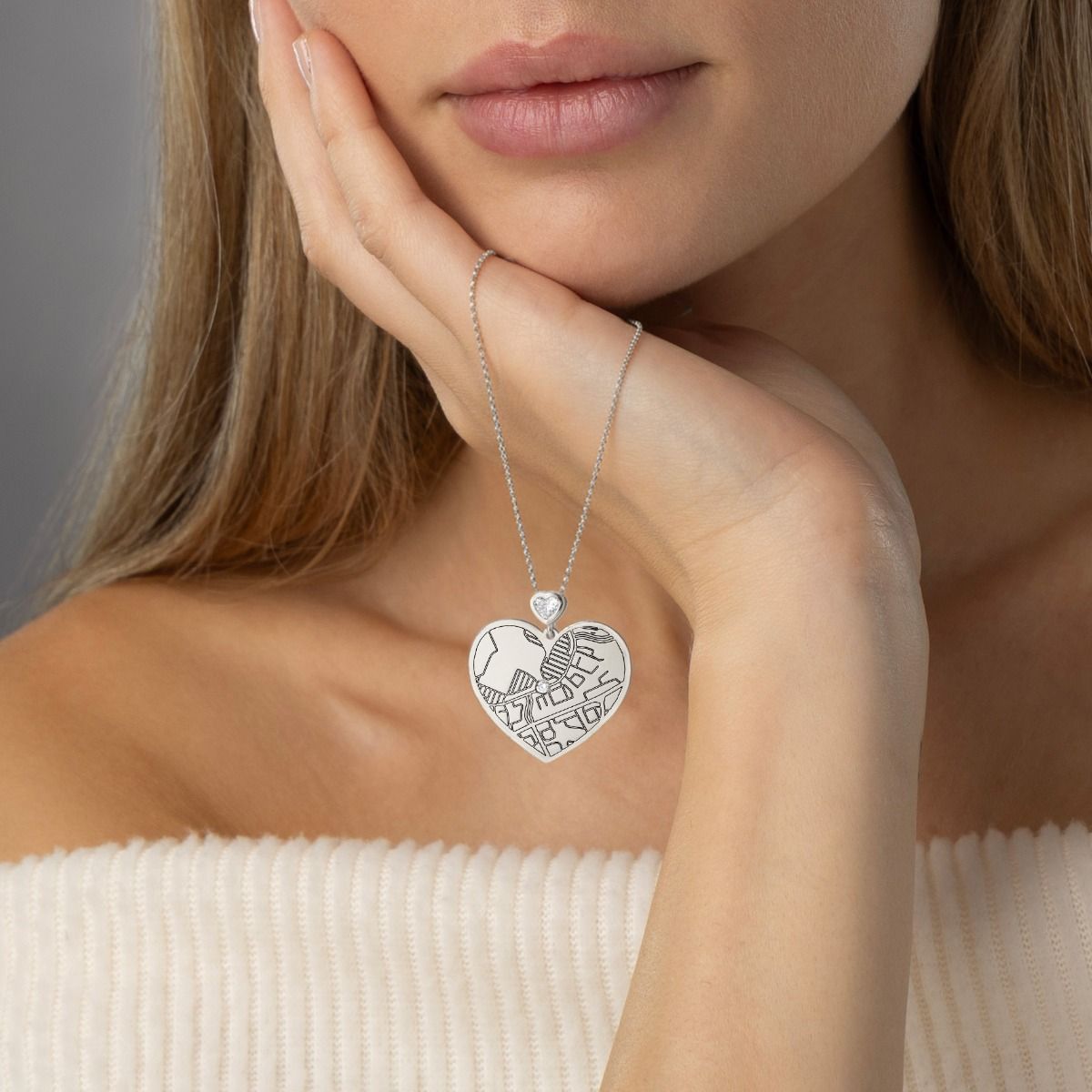 Ties of Heart Engraved Map Necklace with Heart Diamond [Sterling Silver]