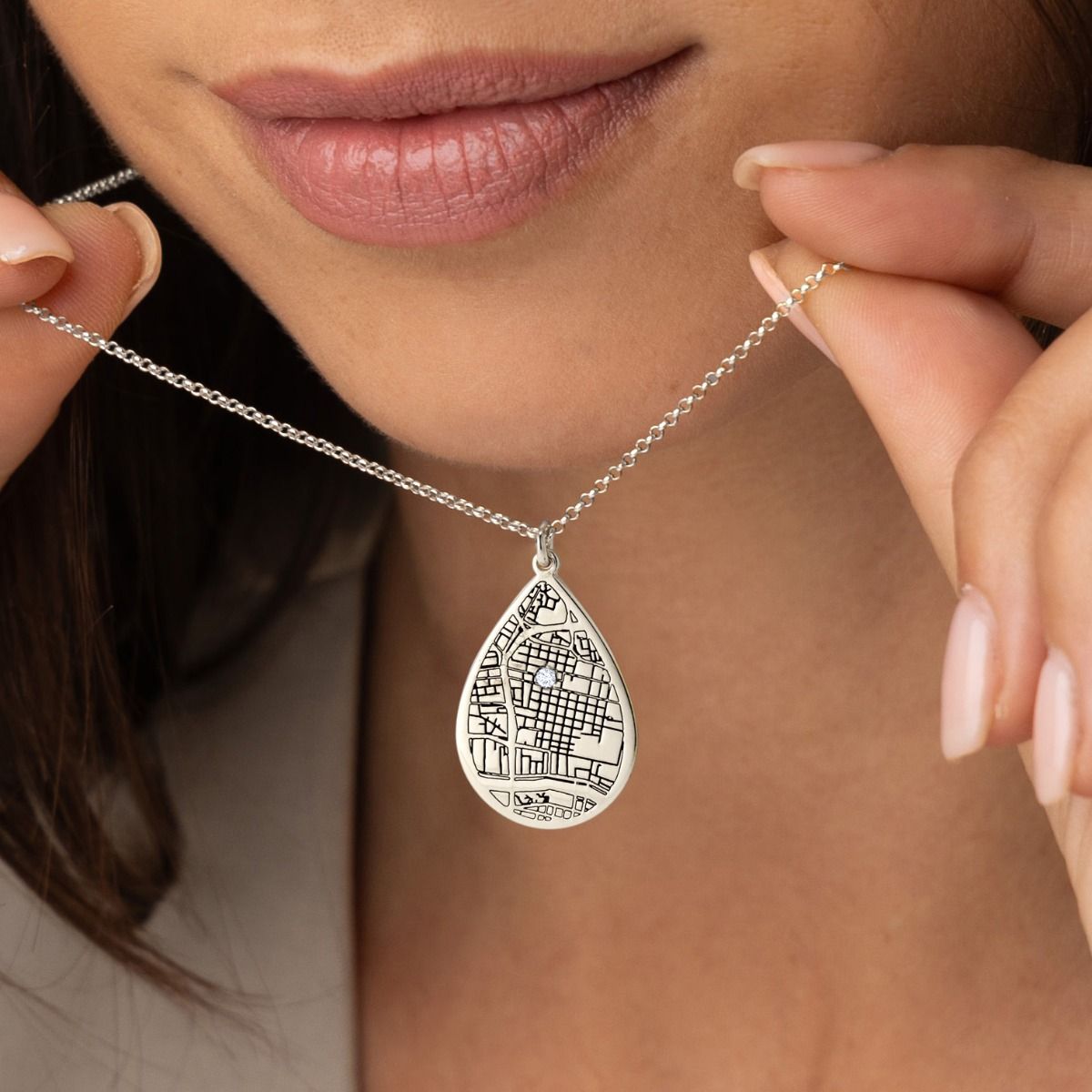 Cherished Spot Engraved Map Necklace [14 Karat White Gold]