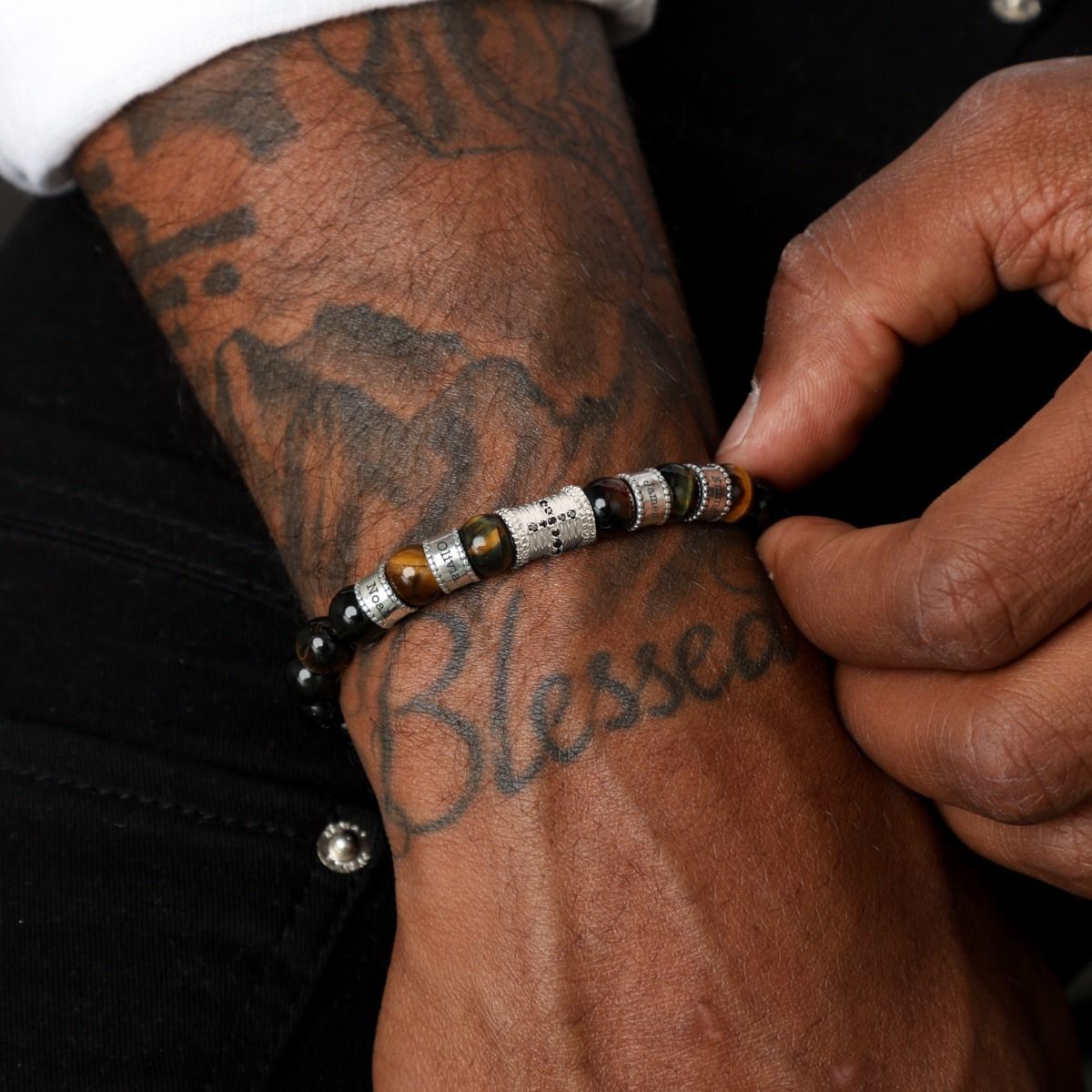 Diamond Cross Green Tiger Eye Men Name Bracelet