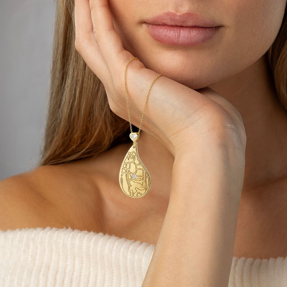 Threads Of Life Engraved Map Necklace with Heart Diamond [18K Gold Vermeil]